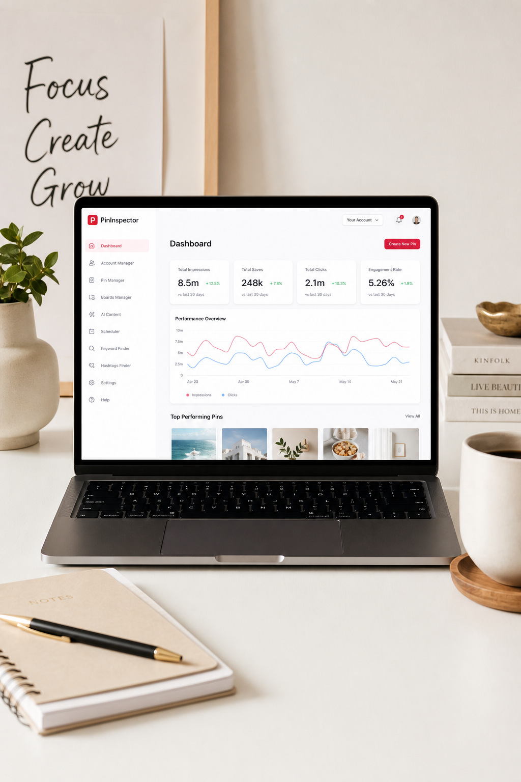 Professional lifestyle image showing Pinterest marketing software on a clean workspace