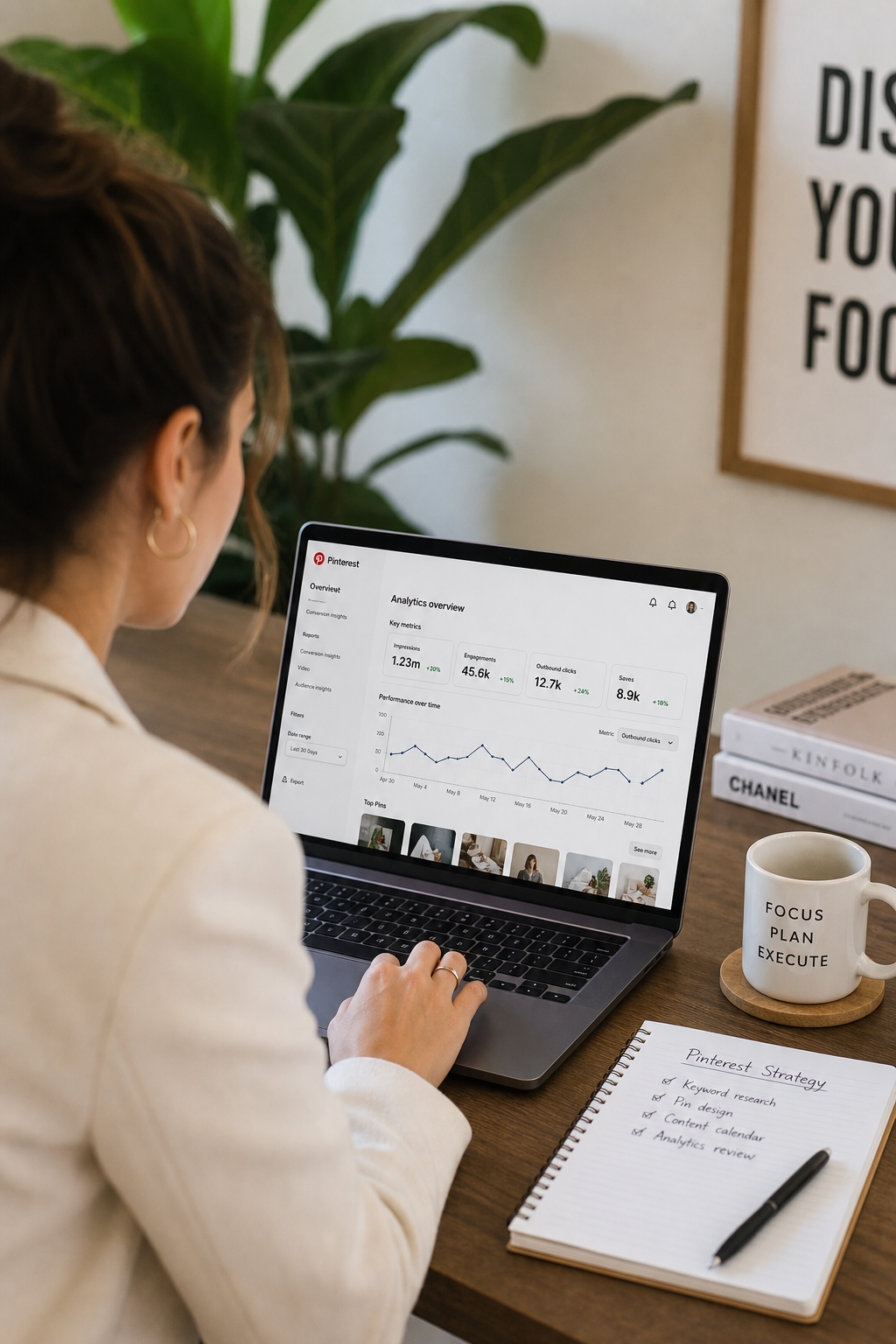 Professional lifestyle image of a marketer reviewing Pinterest traffic results on a laptop