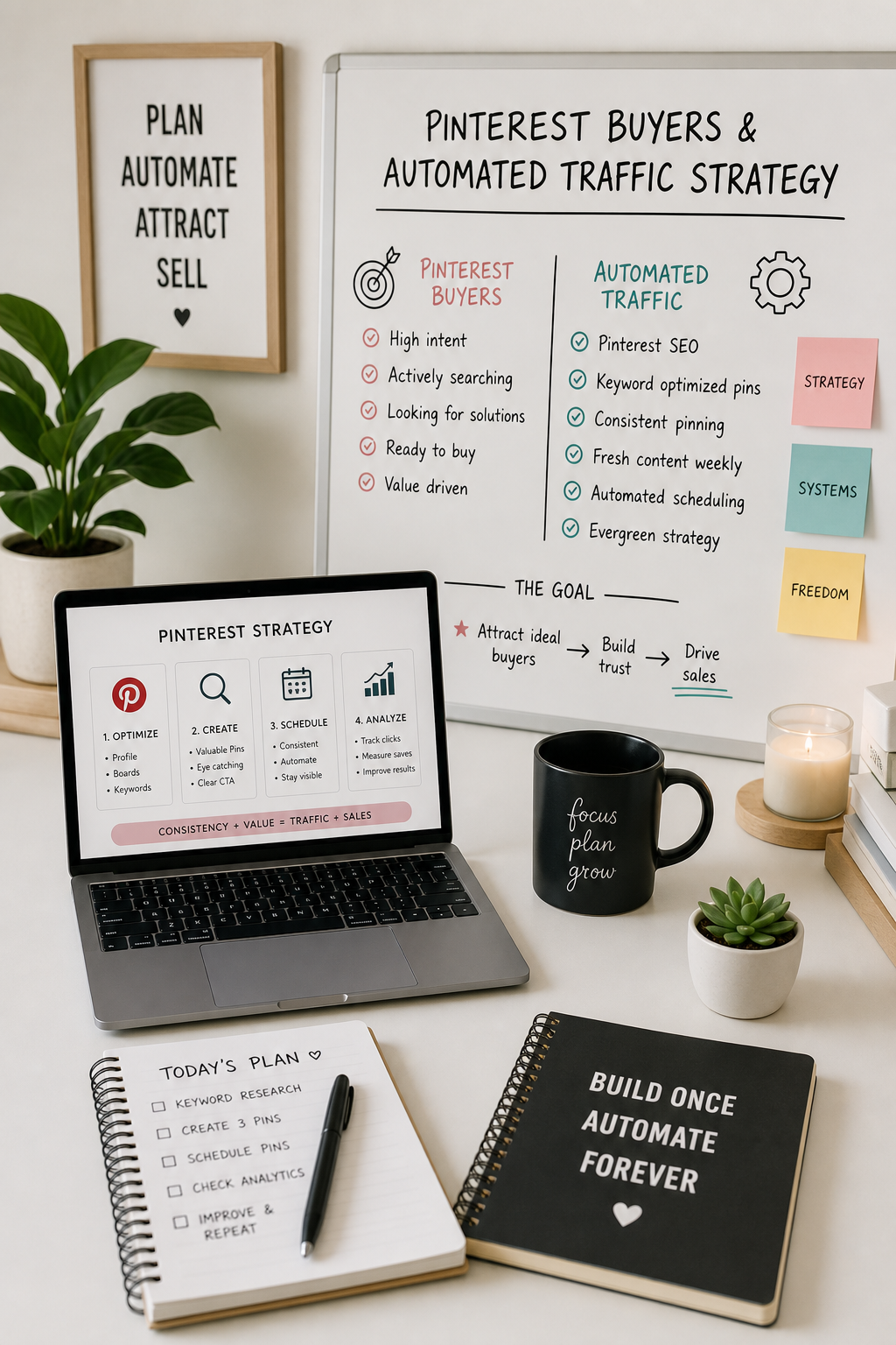 Clean workspace showing planning for Pinterest buyers and automated traffic strategy